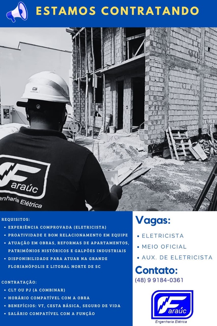 Vagas para Auxiliar de Eletricista e Eletricista