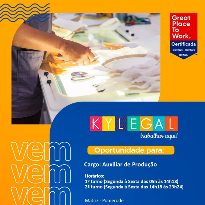 Auxiliar de produção - 1° e 2° turnos  - Vagas com e sem experiencia