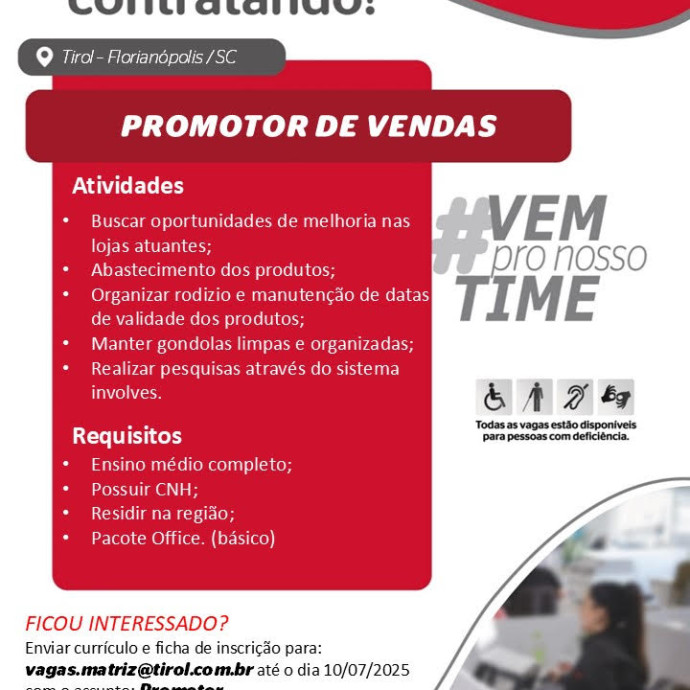 GRUPO TIROL ESTÁ CONTRATANDO PROMOTOR DE VENDAS EM FLORIANÓPOLIS