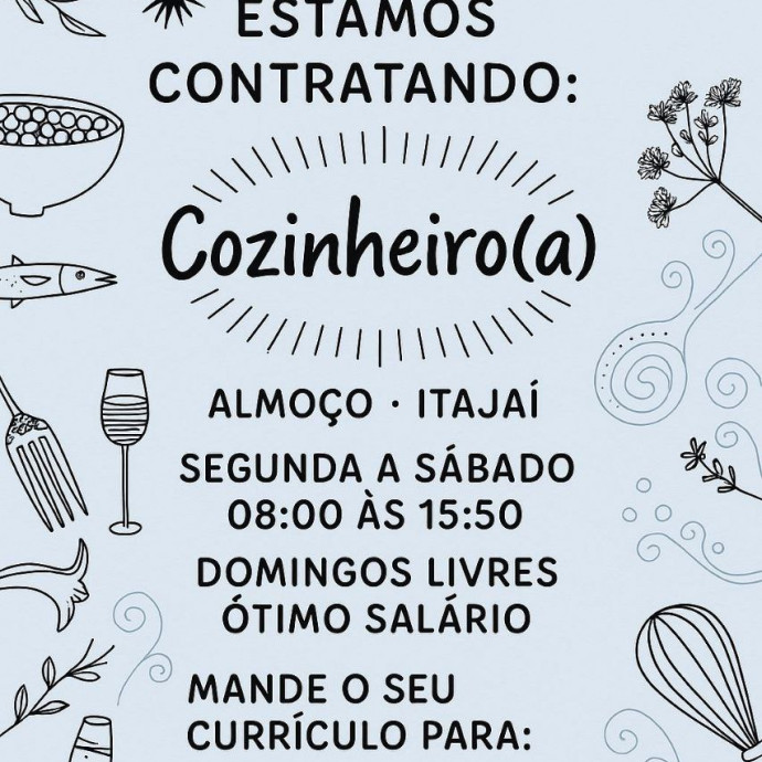 VAGA PARA COZINHEIRO(A) NO ALMOÇO EM ITAJAÍ