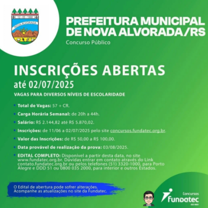 CONCURSO PÚBLICO PARA PREFEITURA MUNICIPAL DE NOVA ALVORADA/RS 